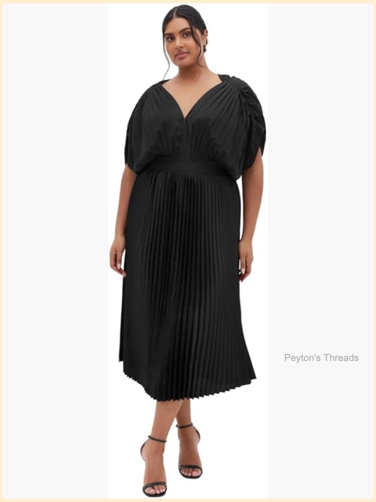 Satin Pleated Midi Cocktail Dress Plus Size Fit & Flare V-Neck